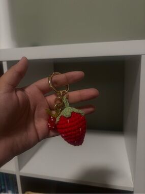 Handmade Red Strawberry Keychain with Green Leaf Accent